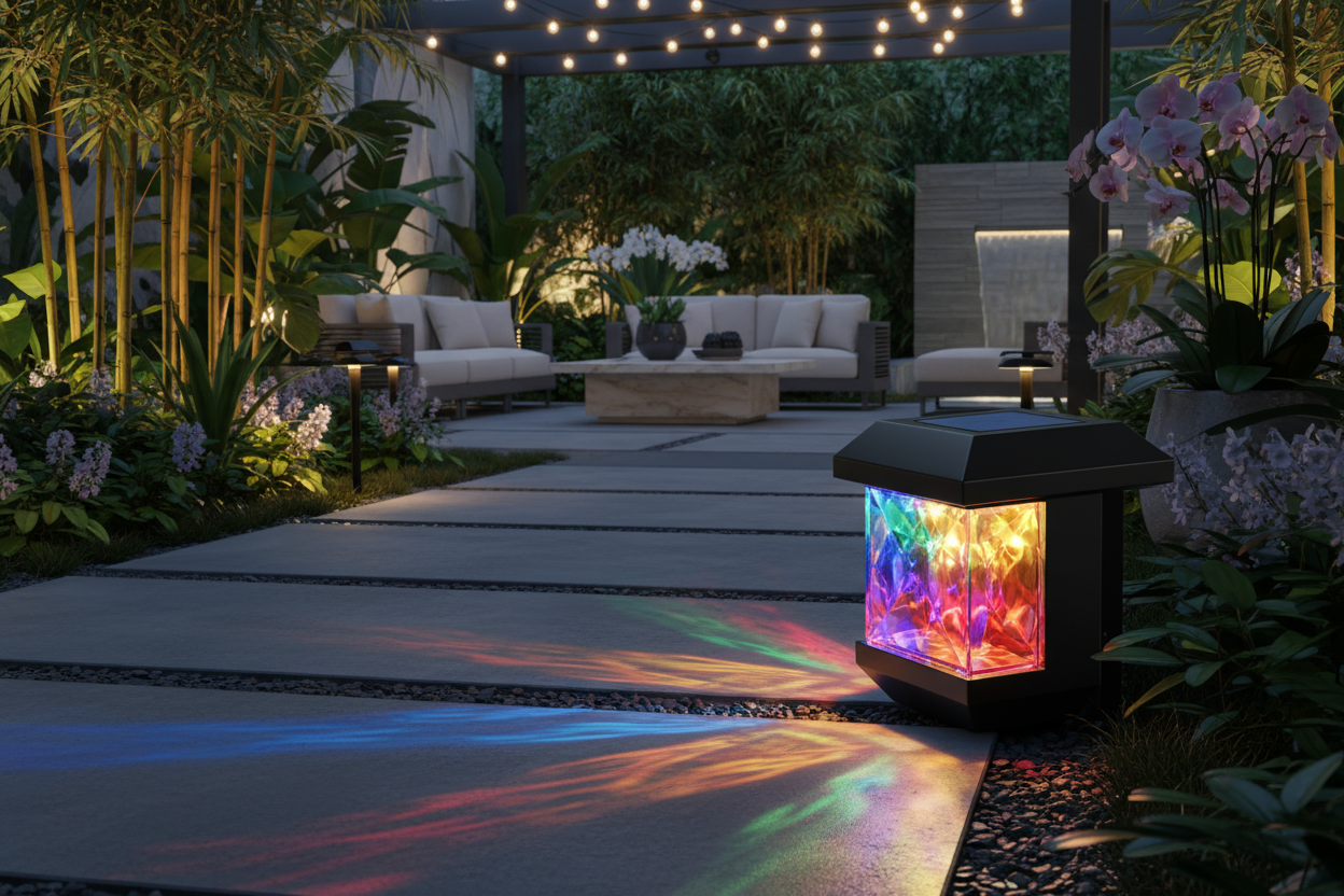 A luxurious outdoor evening garden scene featuring a crystal-amber RGB solar step light. The light is mounted on a modern garden pathway, glowing with vibrant color-changing illumination and warm white light. Elegant, reflective crystal-like design with high-quality ABS finish. Surrounding elements include a modern patio, lush greenery, and soft ambient lighting. Hyper-realistic, photorealistic, cinematic lighting, professional product photography style, ultra-detailed, premium lifestyle aesthetic."