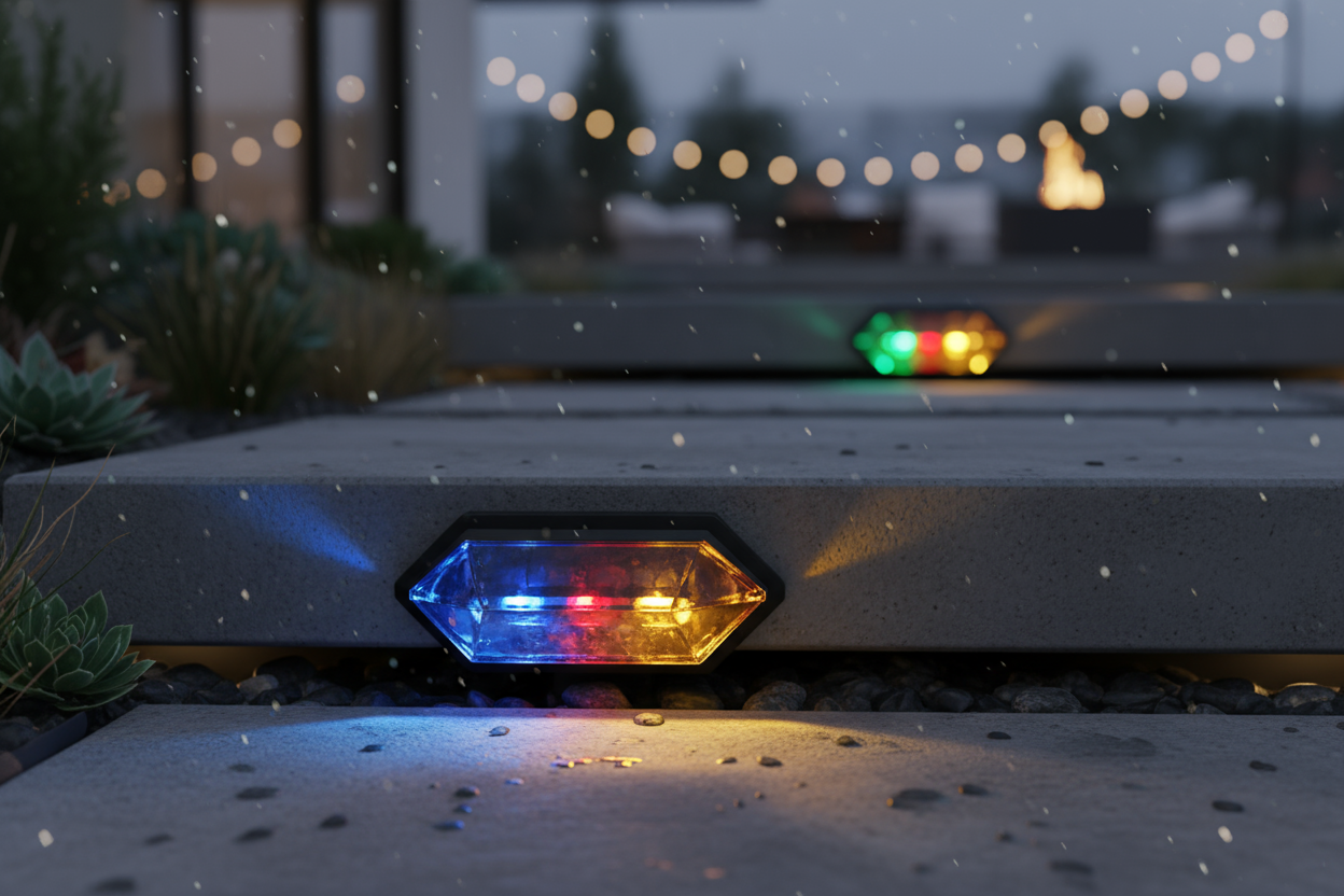 "Close-up of a glowing Crystal Amber RGB Solar Step Light on garden steps at dusk, emitting vivid color-changing light and warm white glow. Dramatic lighting, sparkling crystal-like reflections, high-end luxury vibe. Modern outdoor patio background with bokeh lights, cinematic composition, ultra-detailed, photorealistic, attention-grabbing hero shot for premium advertisement."