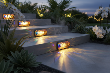 "Ultra-luxury outdoor evening scene featuring a glowing Crystal Amber RGB Solar Step Light on modern garden steps. The light emits a mesmerizing warm white glow and vibrant, color-changing RGB hues, reflecting like crystal gemstones. Hyper-realistic, photorealistic, cinematic lighting with soft ambient bokeh, sparkling reflections on stone steps, elegant modern patio, lush greenery, and subtle mist for magical atmosphere. Shot at dusk with shallow depth of field, ultra-detailed textures on light and surroun